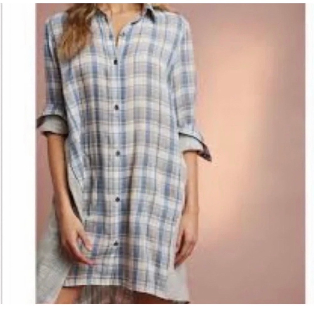Saturday Sunday Anthropologie Plaid Gauze Shirt Dress Blue Tan‎ Small High Low